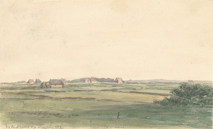 BeschreibungVermutlich Blick auf die Umgebung von Den Hoogenberg, von Den Burg aus gesehen. 1 topogr. Zeichnung: Bleistift, Pinsel in Farben r.o.: J. Ensing. Anmerkungen unter Abb. auf losem Streifen u.a. die Notiz: 'Der Sohn von Herrn Ensing war Med. Dr. und Arzt auf Texel bis A. 1883.' 'bei der Burg auf Texel. 1879' Texel 006 Hersteller Ensing, Jan (1819-1893) Datierung 1879 - 1879